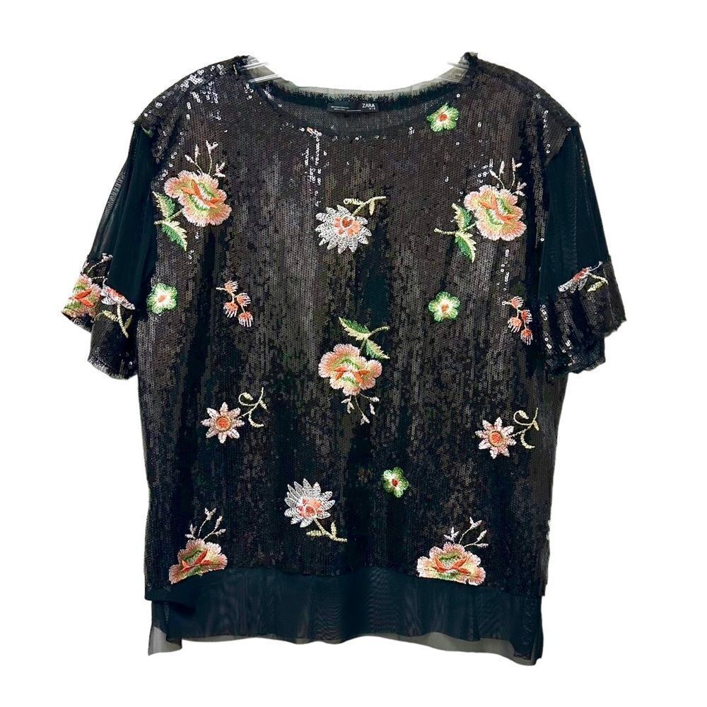 Zara sheer short sleeve blouse with sequins and floral appliqués S.